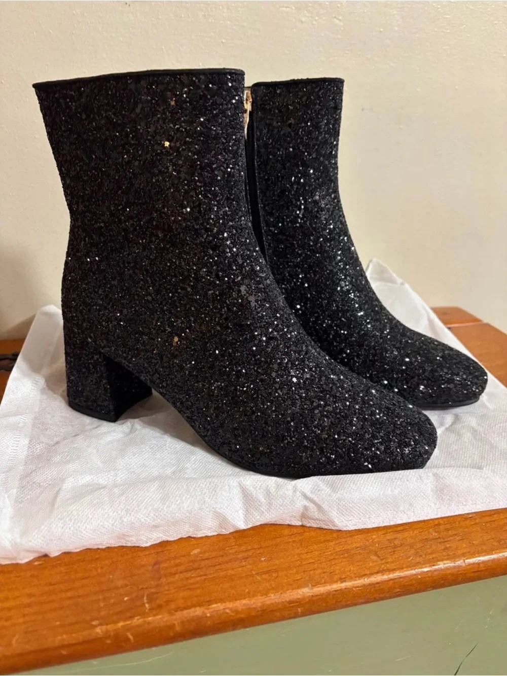 Women's Black Sparkle Block Heel Ankle Boots
